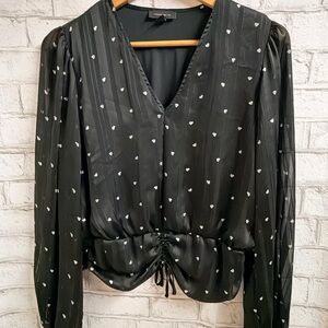 Zara Black Heart-Print V-Neck Blouse with Drawstring